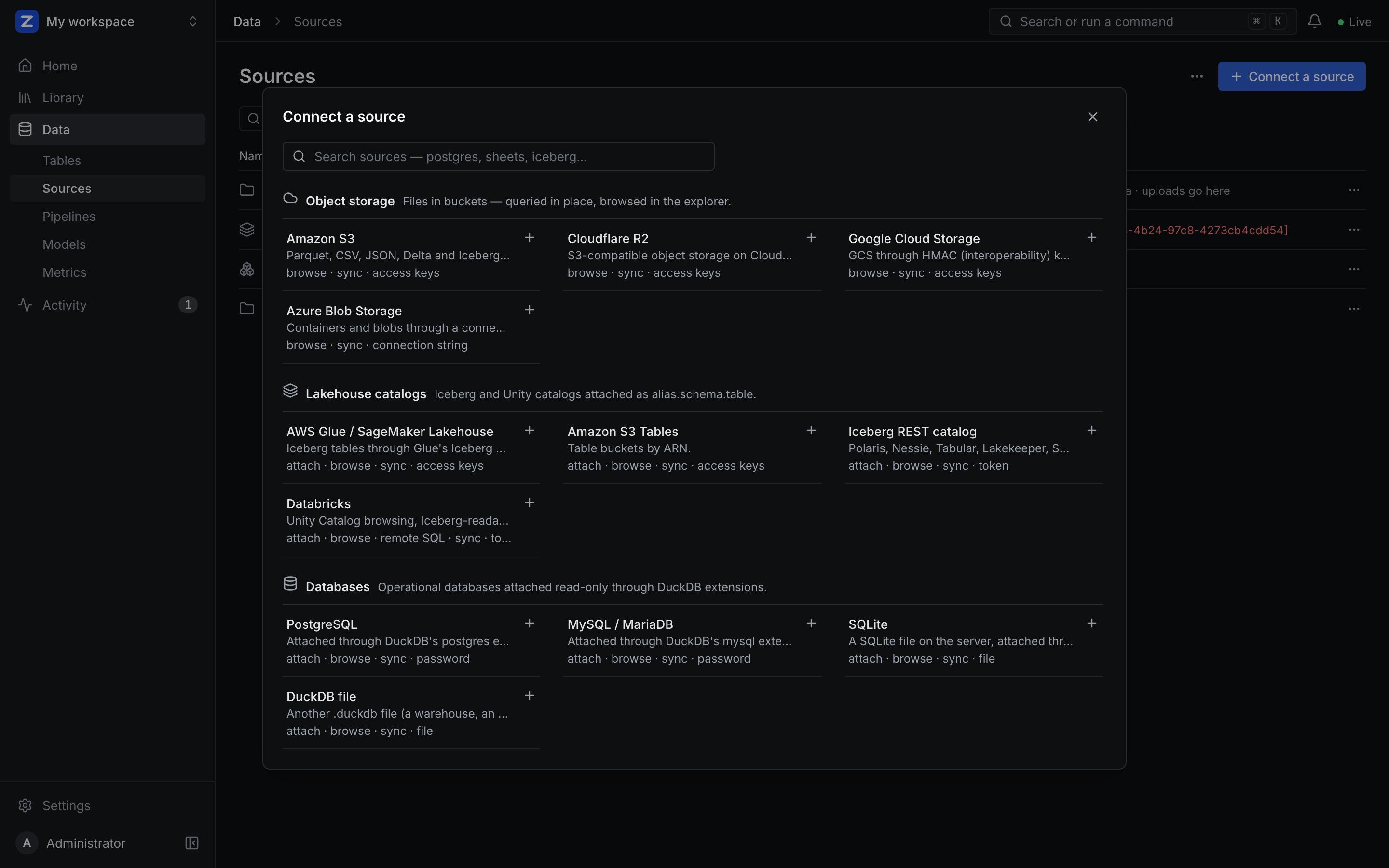 The source catalog: object storage, lakehouse catalogs, databases, and web, Drive and Sheets